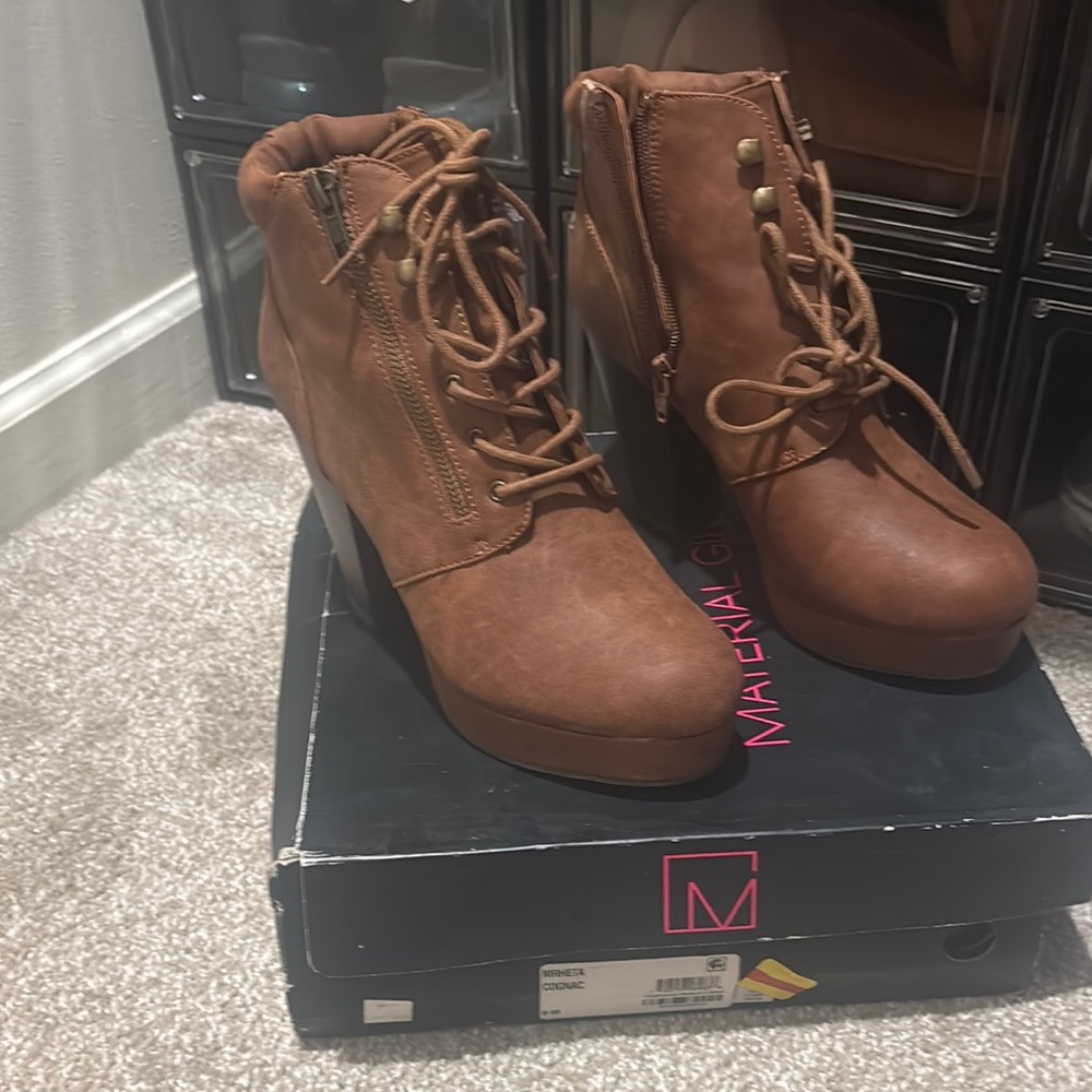 Material Girl Tan Lace Up Boots with Suede Finish